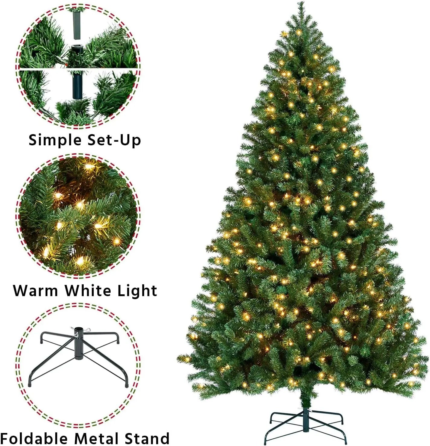 Prelit Artificial Hinged Christmas Pine Tree Prelighted Xmas Tree for Home Party Holiday Decoration with 550 Warm White Lights