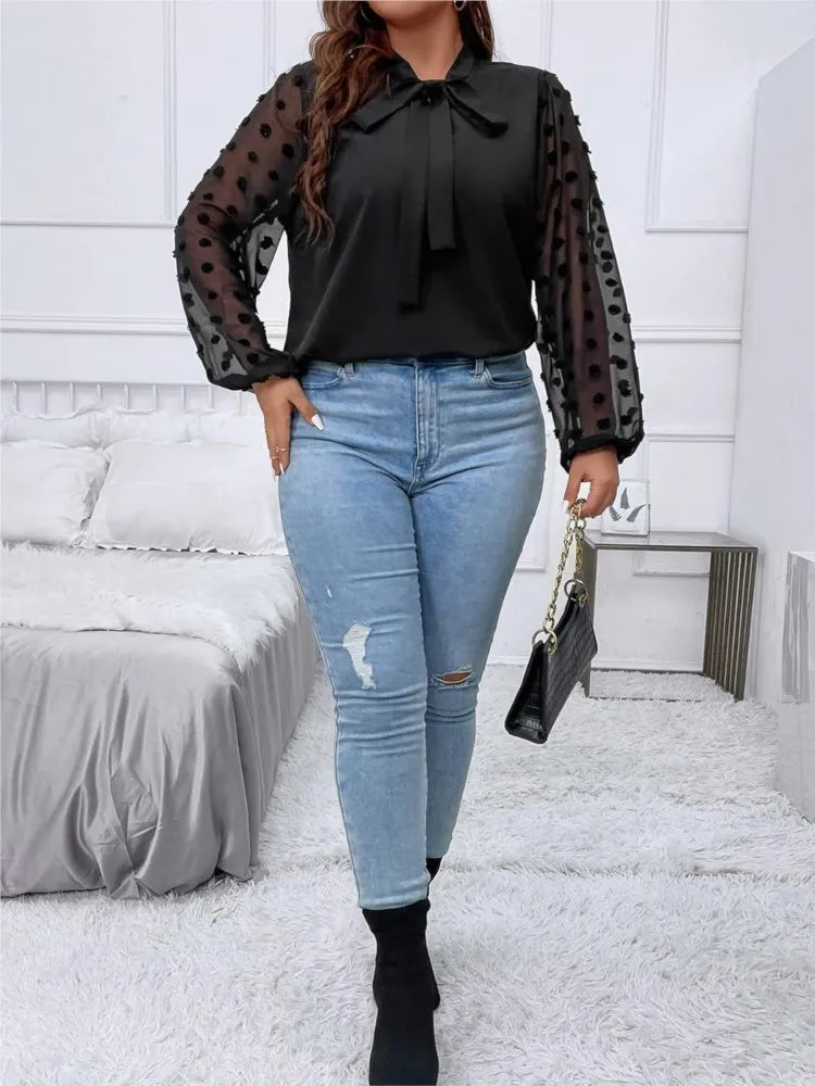 Plus Size Autumn Tops Women Mesh See Through Patchwork Long Sleeve Polka Dot Embroidery Fashion Ladies Blouses Loose Woman Tops