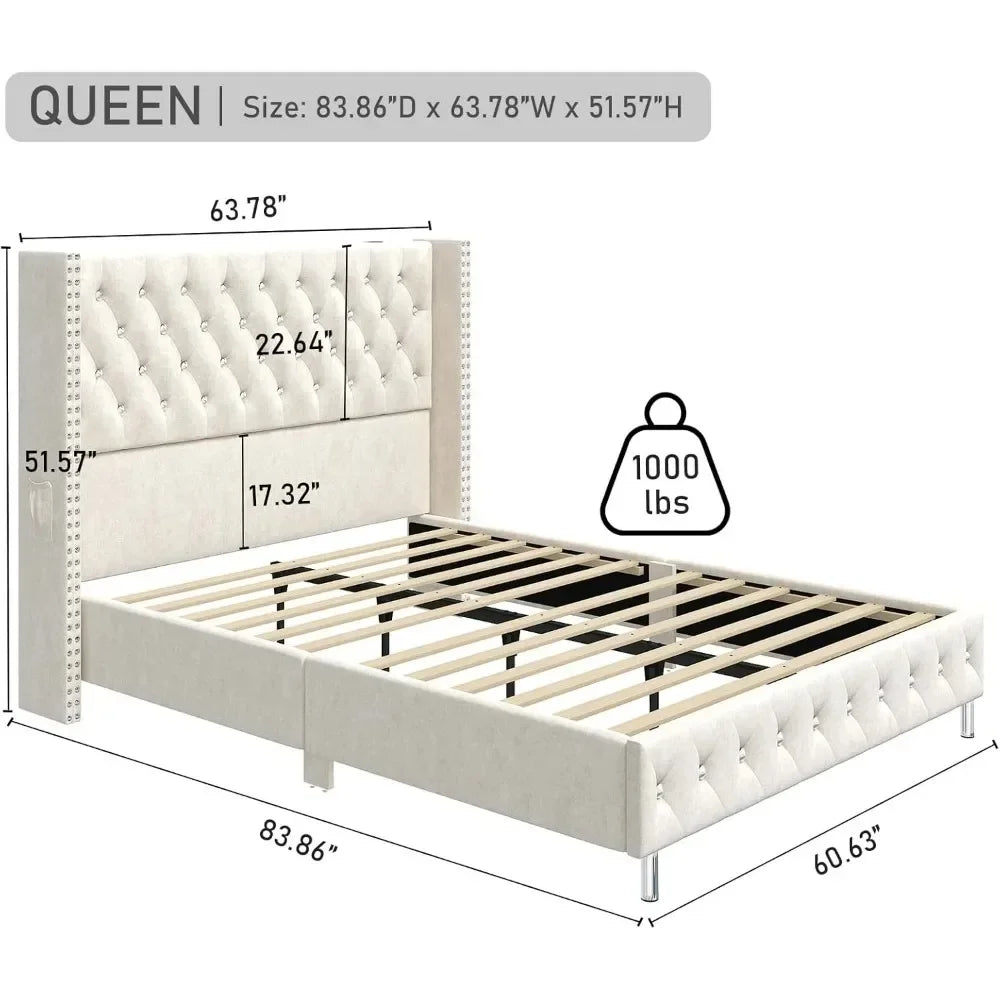 Queen LED Bed Frame with Wingback Headboard, Velvet Diamond Button Tufted Bed Frame w/USB&Type-C Ports Bed Frame