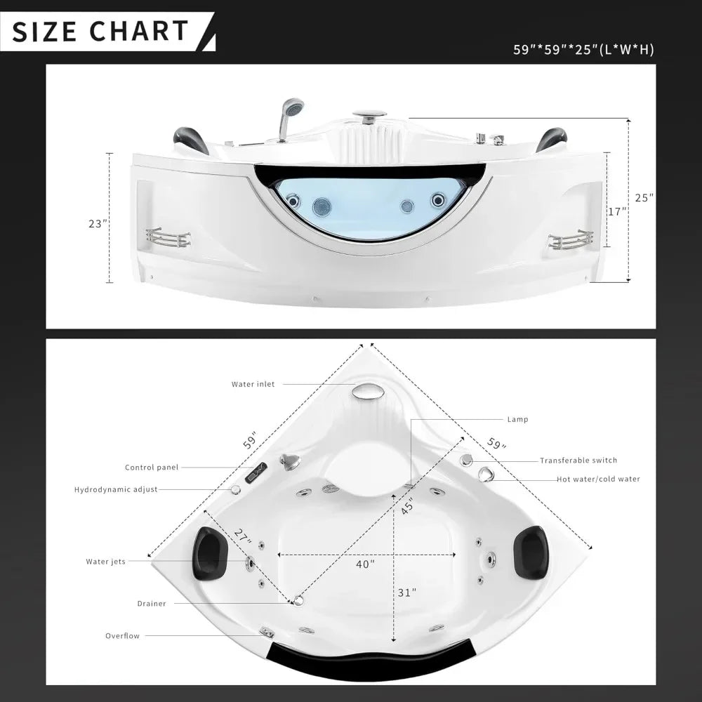 Whirlpool Bathtub with Heater,59 in 2 Person Jetted Tub with Light,Spa Hydromassage with Chromatherapy,Acrylic