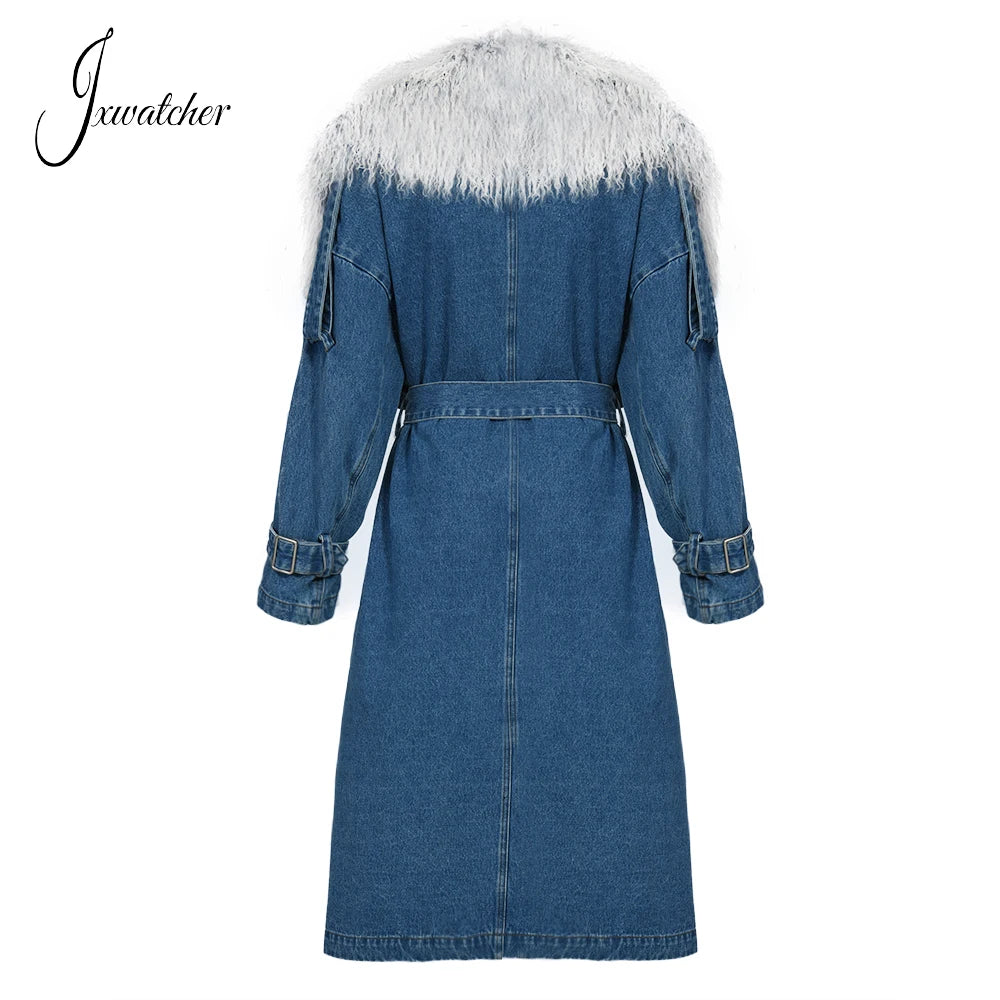 Jxwatcher Denim Coat 2024 New Coming Denim Windbreak With Mongolian Fur Collar Women's Spring Jacket Ladies Trench Coats Autumn