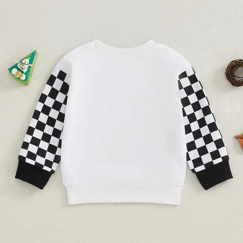 Baby Boys Sweatshirt, Long Sleeve Crew Neck Letters Print Plaid Infant Hoodie Fall Clothes