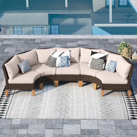 Patio Furniture Set, 5 Piece Half Moon Wicker Sectional Sofa Set, Rattan Conversation Set for Backyard, Garden Furniture Sets