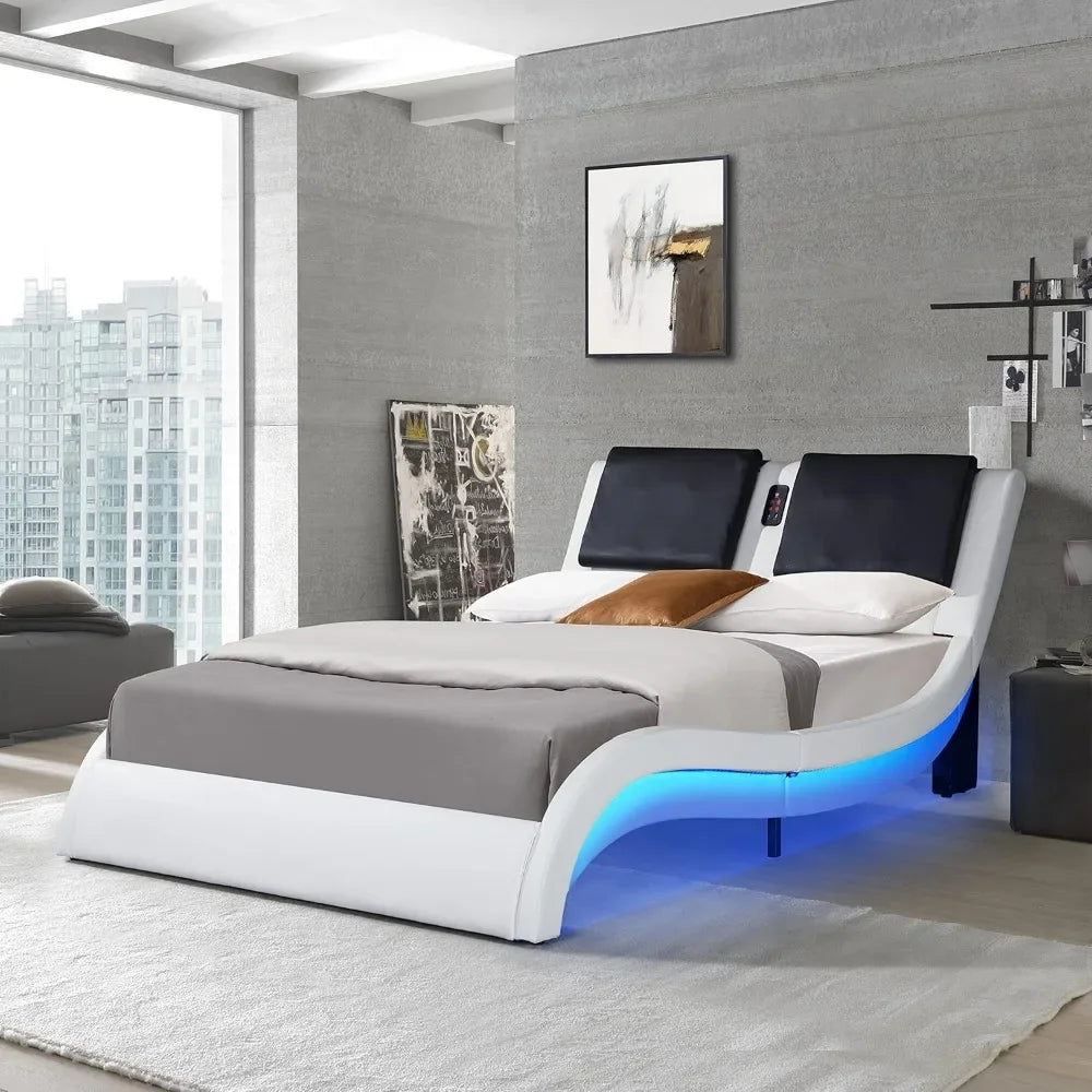 Upholstered Platform Bed Frame with led Lighting,Bluetooth Connection to Play Music Control Backrest Vibration Massage