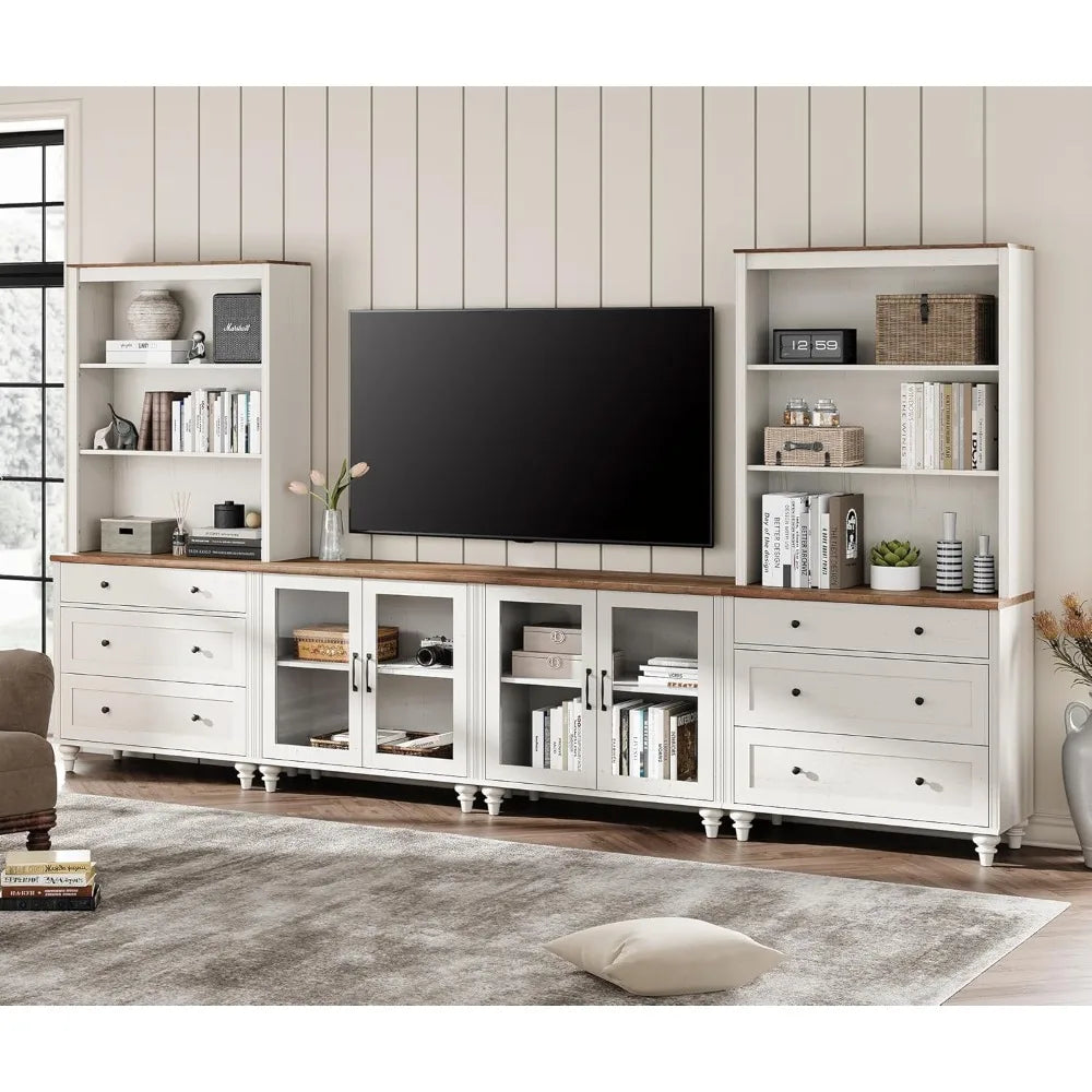 Bookcase,with Bookshelves with Glass Doors & Drawer, for TVs Up To 75", Media Console Table,  Home Theater, Wall Unit TV Stand