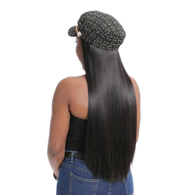 Straight Hair Hat Wig Medium Long Black Beret Autumn Winter Hat Chemical Fiber Wig Extensions Hair Accessories