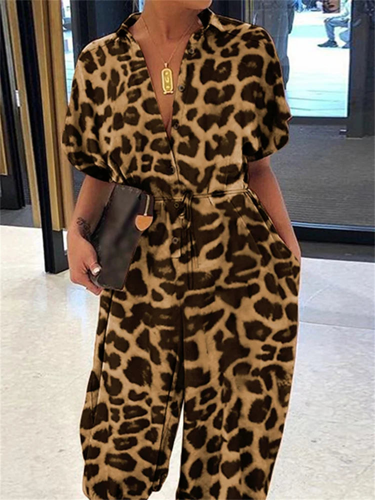 Celmia 2023 Summer Romper Women Sexy Leopard Print Retro Jumpsuits Short Sleeve Casual Loose Buttons Cargo Pants Vintage Overall