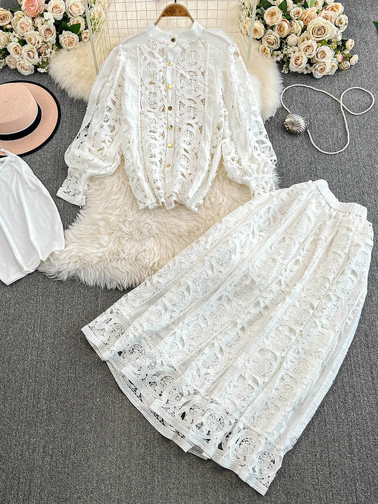 Fashion Autumn Lace Two Piece Dress Sets Women Flower Embroidery Shirts White Tops Midi Long Skirts Suits 2pcs Outerwear