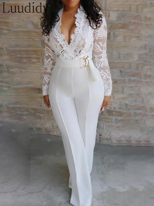 Women Sexy Elegant Overalls Rompers Patchwork Jumpsuit Female Long Sleeve Lace Overall Trousers Party Playsuit