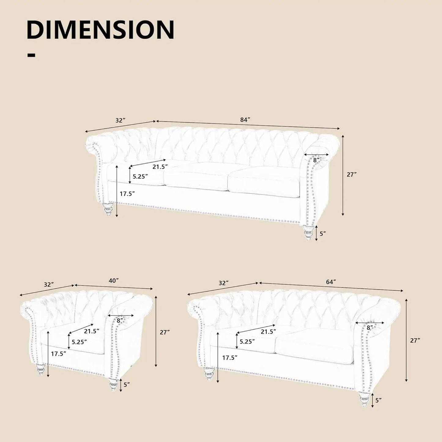 2 Piece Living Room Set, Sectional Chesterfield Sofa Chair Contemporary Upholstered Velvet Loveseat Couch Sets for Living Room