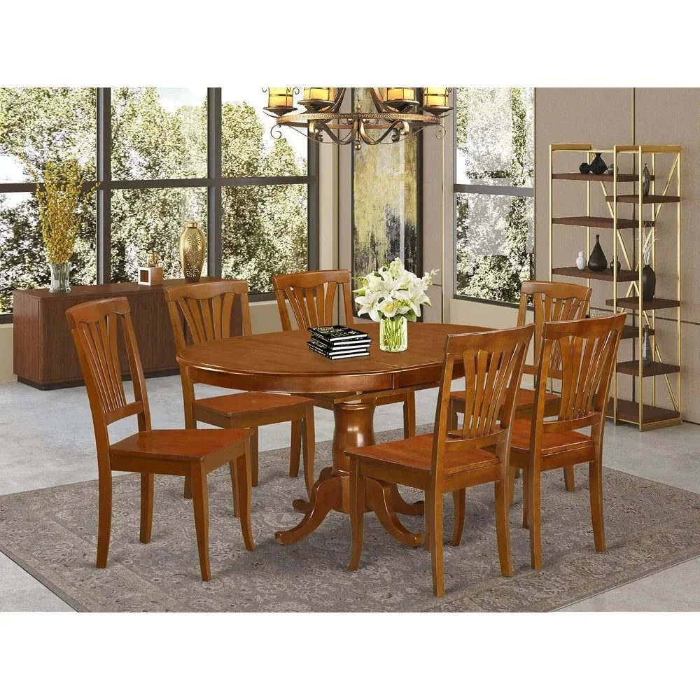 Portland 7 Piece Set Consist of an Oval Dining Room Table with Butterfly Leaf and 6 Wood Seat Chairs, 42x60 Inch, Saddle Brown