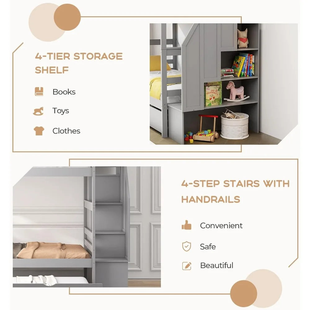 Bunk Bed, with Trundle and Stairs, with Storage Shelf, Bunks Beds Detachable Into 2 Platform Beds, Solid Wood Bunk Bed Frame