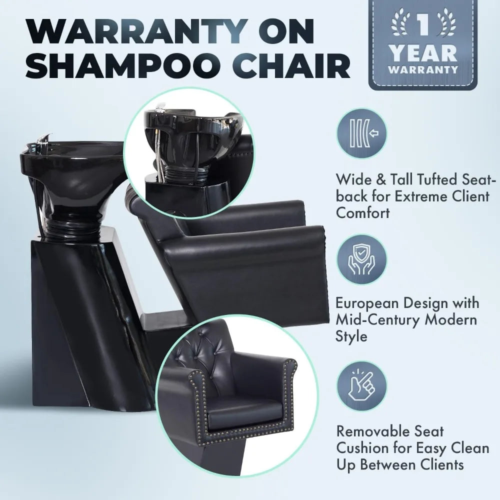 Shampoo Chairs, – Chair and Bowl Unit for Salons - Tilting Porcelain Hair Wash Bowl and Wide Tufted Chair Combo ,Shampoo Chairs