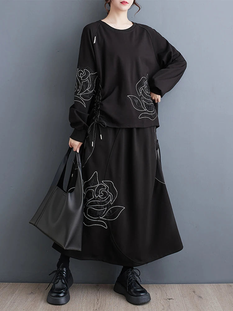 NYFS 2023 Autumn Winter New Vintage Womans Set Loose Plus Size Long Sleeve Flower Embroidery Tops + Skirt 2 Piece Set Women Suit