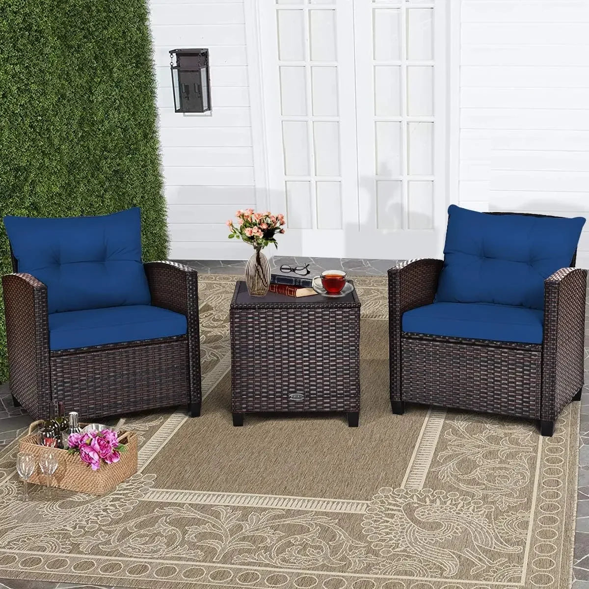 Patio Furniture Sets - 3 Pieces Rattan Sofa Set, Outdoor Conversation Set with Tempered Glass Tabletop, Outdoor Furniture Sets