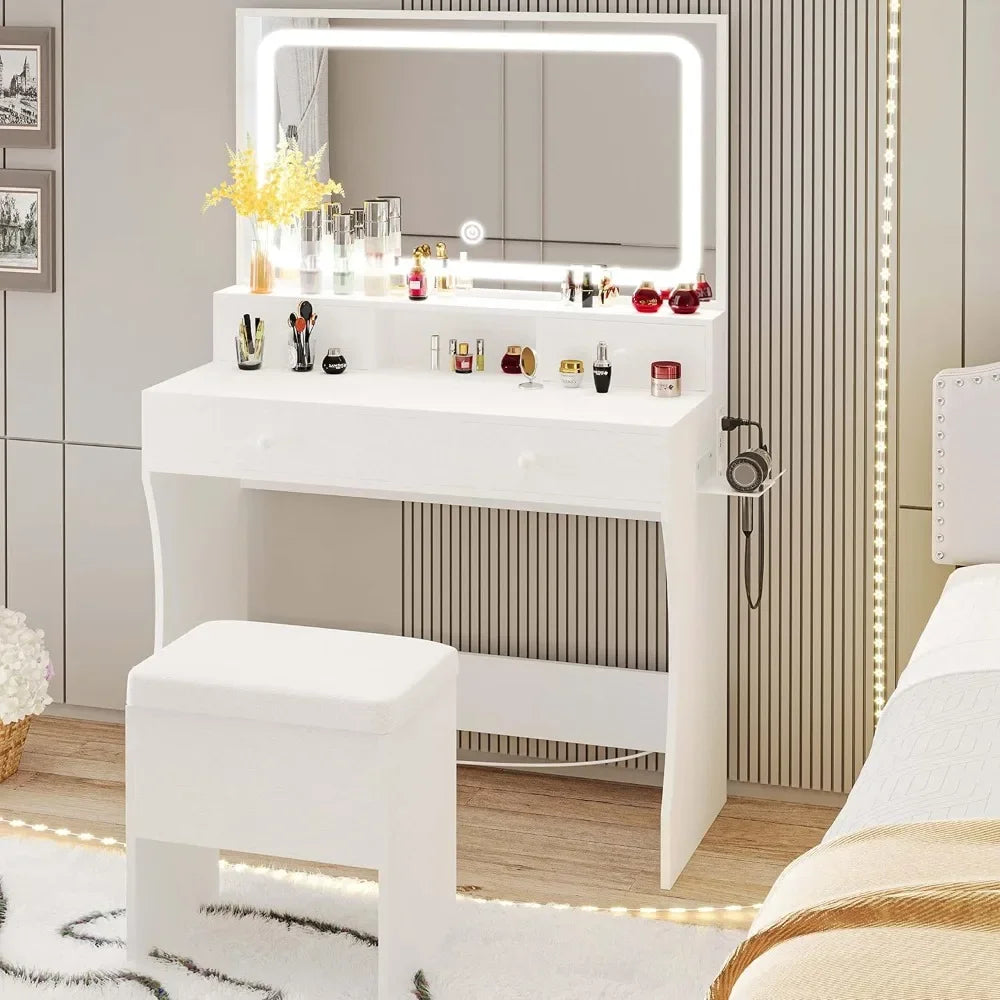 Vanity Desk with LED Lighted Mirror & Power Outlet & 4 Drawers, Makeup Table Set with Storage Stool and Hair Dryer Stand, White