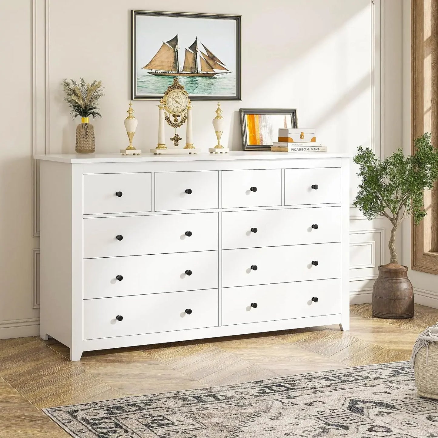 White Dresser, Dresser for Bedroom with 10 Deep Drawers Wood with Smooth Metal Rail, Large Chests of Drawers