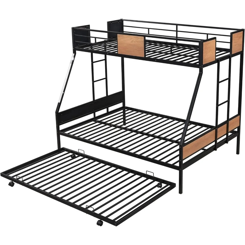 Twin Over Full Bunk Beds with Trundle Bed, Heavy Duty Metal Bed Frame with Safety Rail 2 Side Ladders, No Box Spring Needed