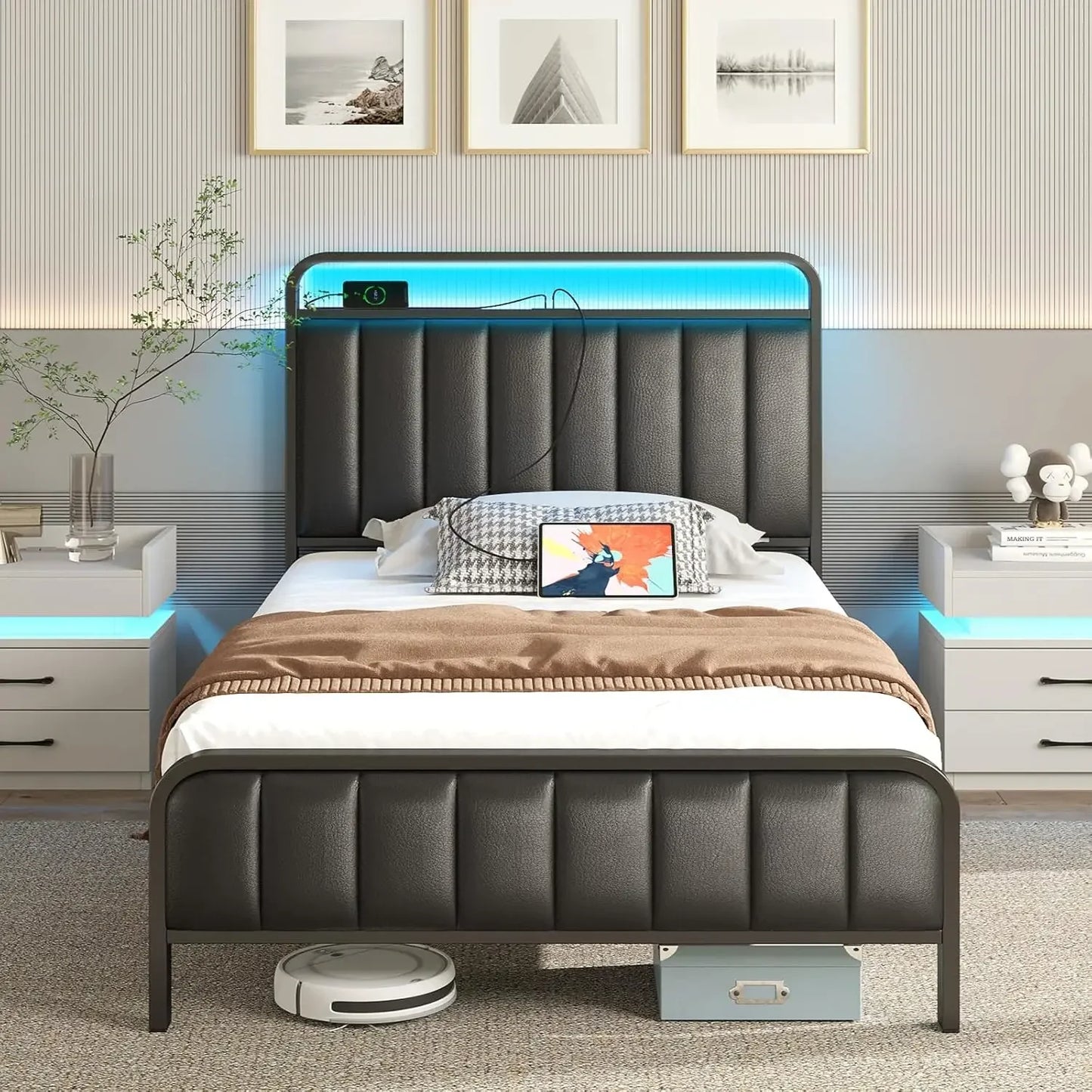 Queen Size Bed Frame with LED Light and Charging Station, Upholstered Headboard and Footboard, Metal Slat, Noise Free Bed