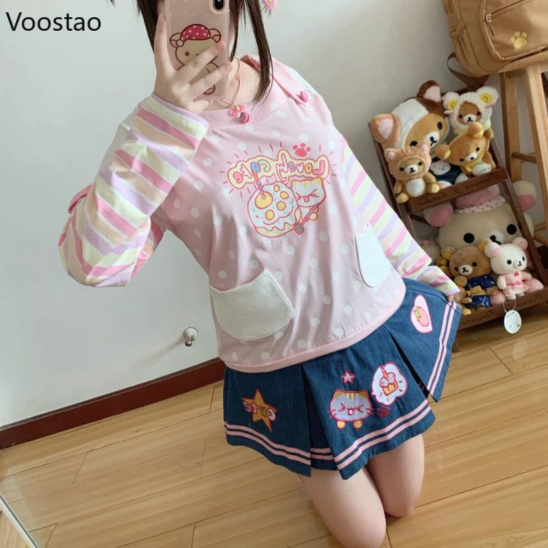 Japanese Kawaii Lolita Style Denim Skirt Set Women Sweet Print T-shirts Embroidery Cake Mini Skirts Suit Y2k Two Piece Outfits