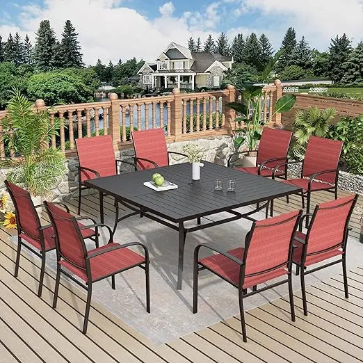 9-Piece Patio Dining Set, Outdoor Furniture Set with 8 Brown Textilene Chairs and Large Square Table,Garden Furniture Sets