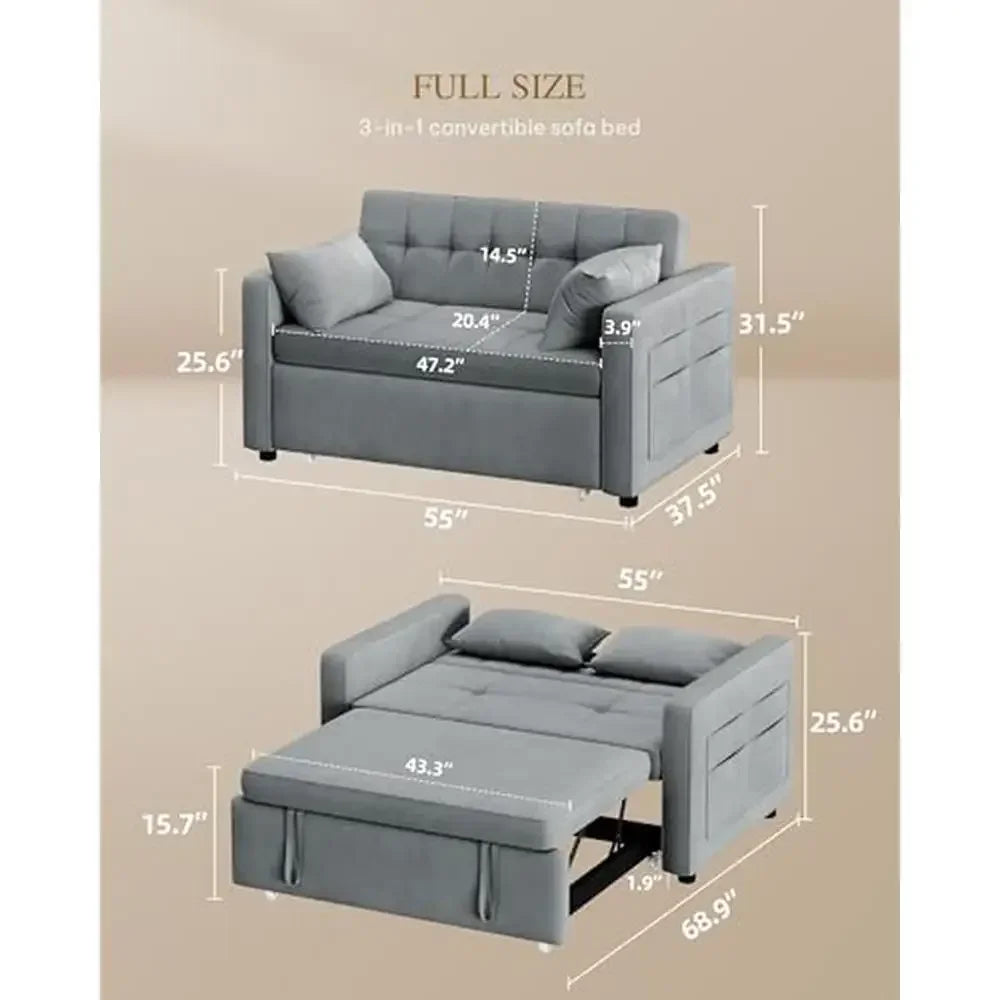 Velvet Sleeper Sofa Bed 3-in-1 Futon with Reclining Backrest Side Pocket Plush Comfort Modern Convertible 55" Sofa