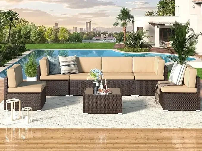 7 Pieces Patio Furniture Set, Modular Patio Set Wicker Outdoor Sectional Sofa Set PE Rattan Wicker Patio Conversation Set