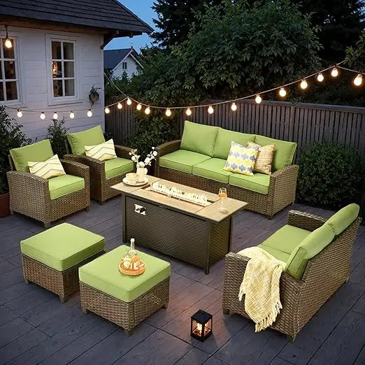 Wicker Patio Furniture Sets ,w/Fire Pit Table, All Weather Outdoor Furniture Conversation Set, 7-Piece Patio Sectional Sofa