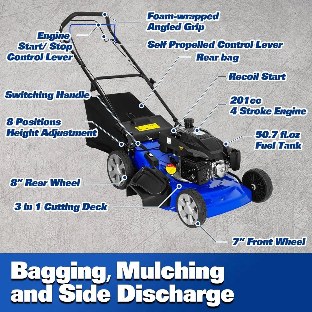 Self Propelled Lawn Mower,21 Inch Bagging, Mulching Side Discharge, Adjustable 8-Positions Cutting Height, 3-in-1 Gas Lawnmower