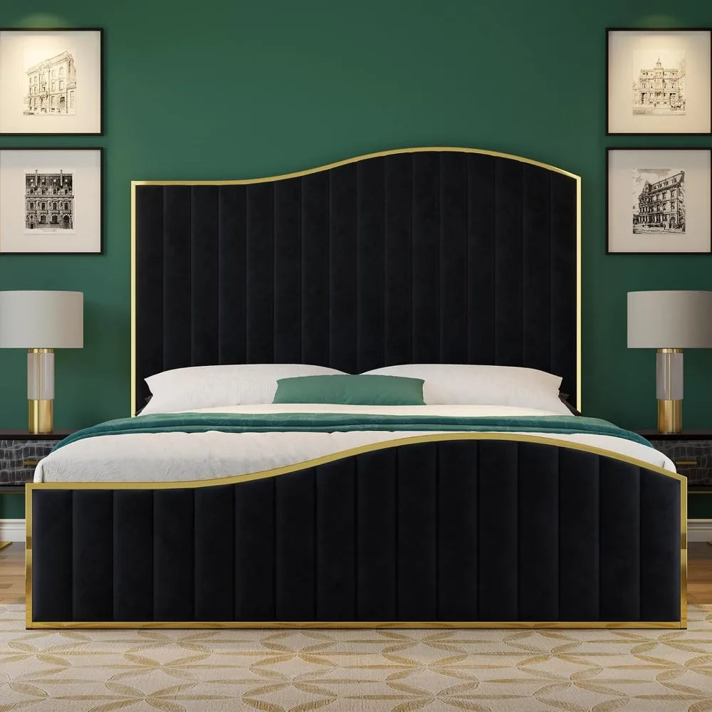 King Size Harp Bed Frame, Velvet Upholstered Platform Beds with 61.4" Vertical Channel Footboard/Wooden Slats, Bed Fram