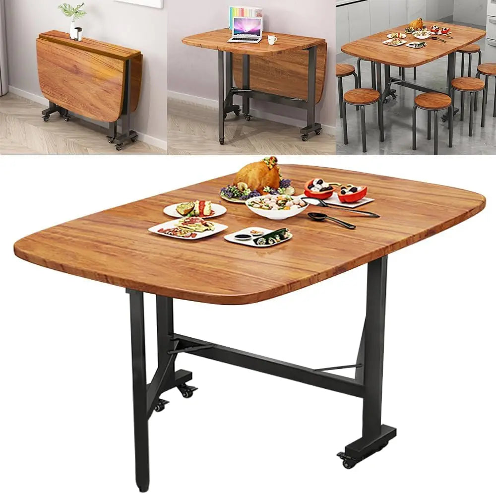 Table Drop Leaf Dining Table - 47" Solid Wooden Kitchen Table with 6 Wheels (Brown)