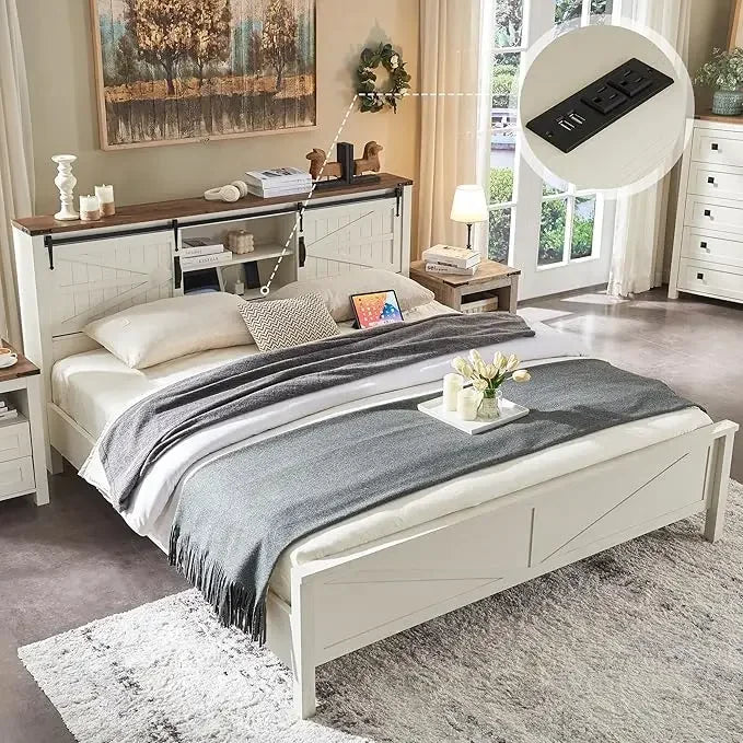 Farmhouse King Size Bed Frame w/Storage Bookcase Headboard,Charging Station,Rustic Wood Platform Bed w/Wood Slats Support