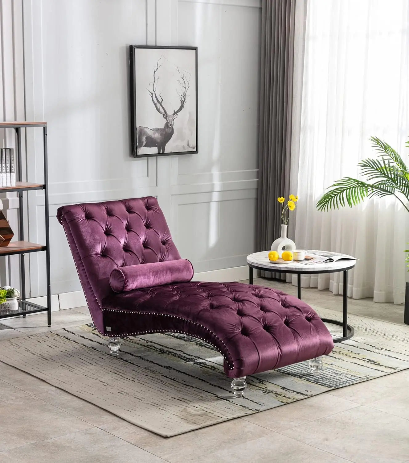 Velvet Chaise Lounge Chair with Toss Pillow, Tufted Button Lounge Chair with Acrylic Legs, Upholstered Indoor Sleeper Chair