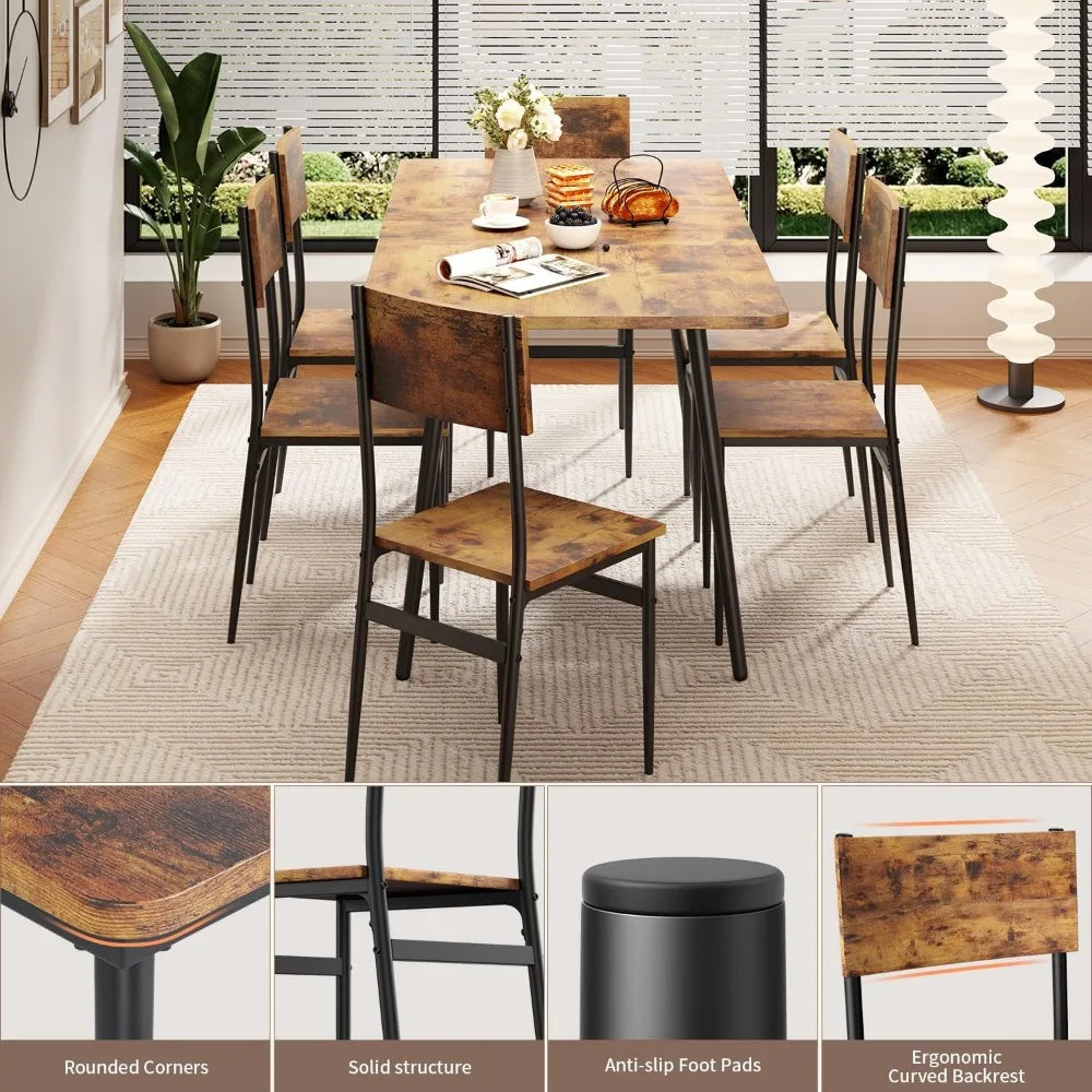 63” Extendable Dining Table Set for 4-6 People, 7-Piece Dining  Set for 6 People with 6 Chairs, MDF Wood Board Kitchen