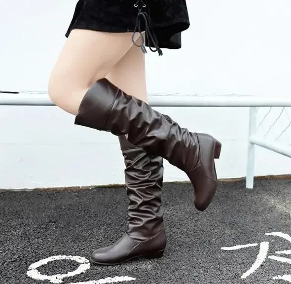 Women's leather PU Knee High Boots Fashion Folding Slip on Winter High Boots Casual Low Heels White Black Long Slim Boots Ladies