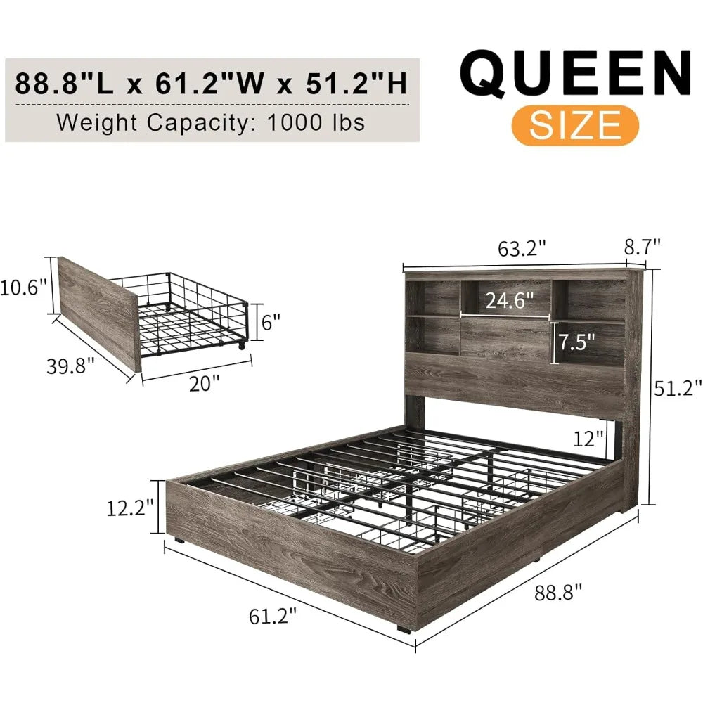 Bed Frame with LED Bookcase Headboard, Wooden Storage Bed with Charging Station & 4 Drawers, No Box Spring Needed/Noise-Free