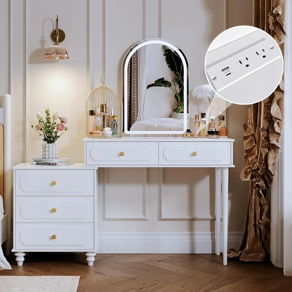 Vanity Desk with Mirror and Lights,Makeup Vanity with Power Outlet and Adjustable Cabinet,Modern Makeup Table with 3 Drawers