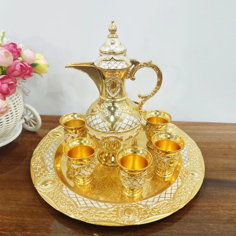 Turkish Tea Set Retro Coffee Cup Set Long Spout Wine Set Wine Pot with Teapot Tea Tray 6 Metal Cups Home Tea Table Decoration