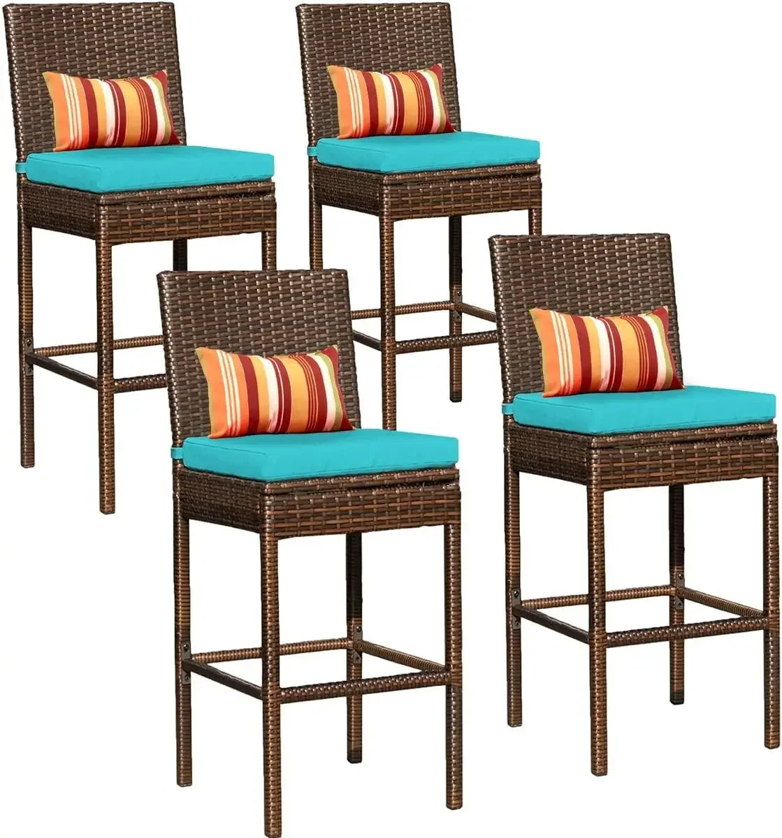 Bar Stools Set of 4, High Brown Rattan Chair with Pillow & Beige Cushion, All-Weather, Bar Chairs