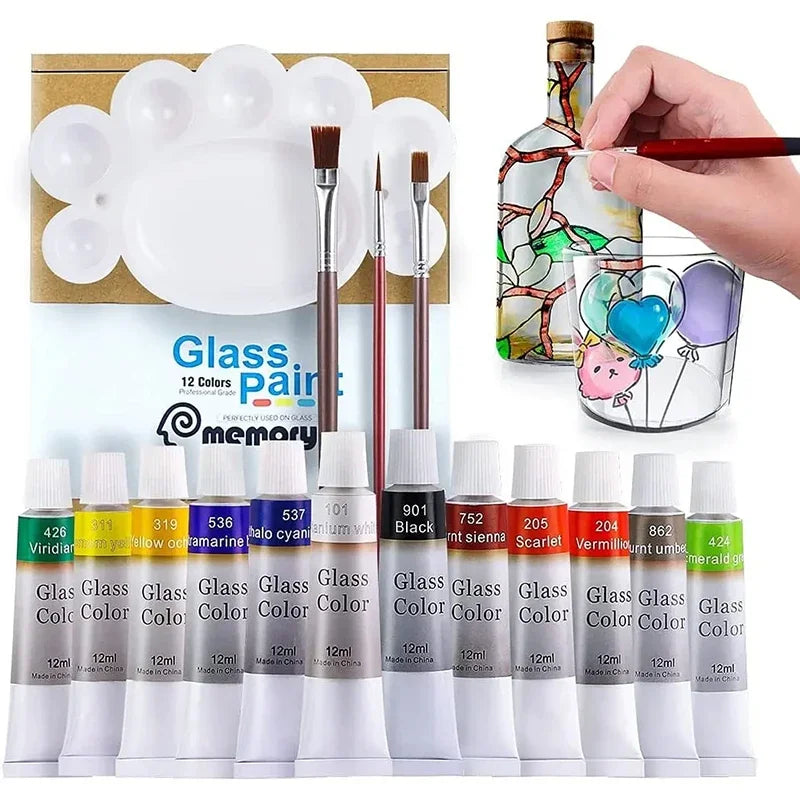 12 24 Colors Stain Glass Paint Set with 6 Nylon Brushes, 1 Palette, Waterproof Acrylic Enamel Painting Kit for Art Supplies