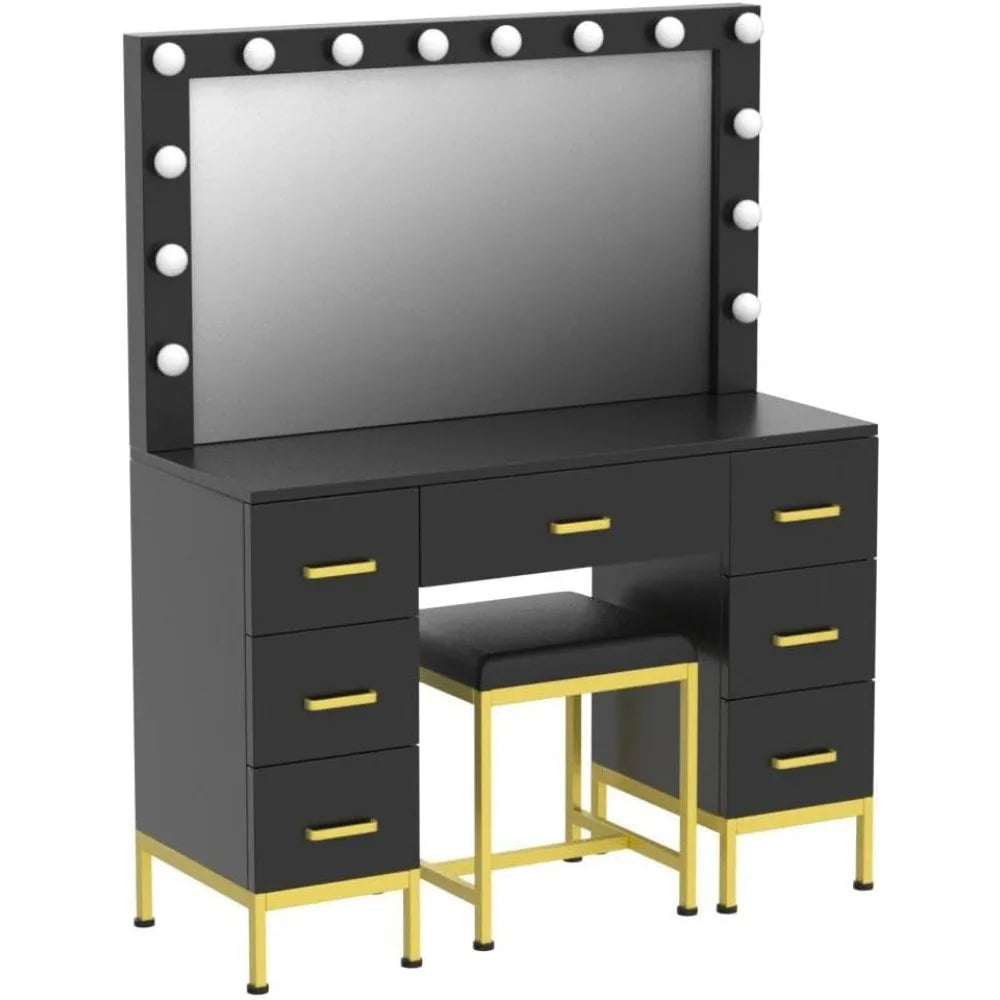 Vanity Makeup Desk - 43.3'' Vanity with Mirror with Lights, 14PCS LED Bulbs, 7 Drawers & Cushioned Stool, Black Vanity