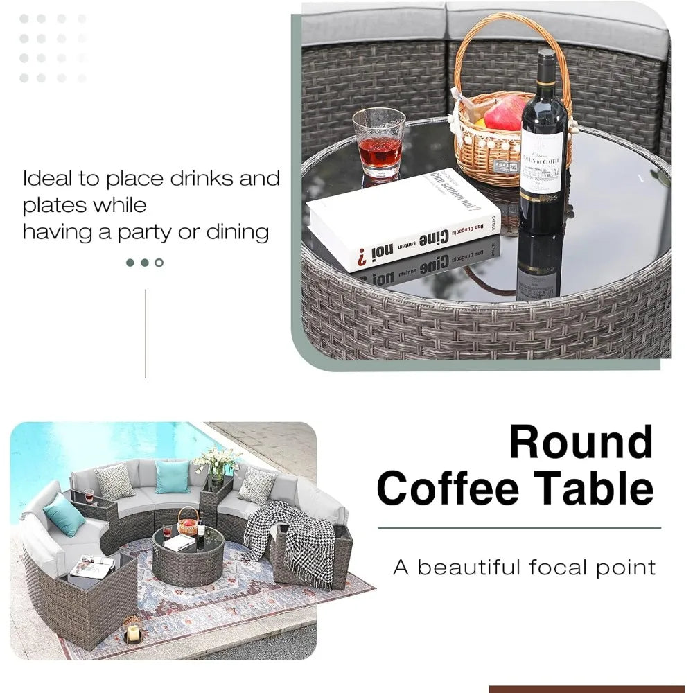 Outdoor Patio Furniture,11Piece Half-Moon Sectional Round Patio Furniture Set,Tempered Glass Round Coffee Table,Outdoor Sofa Set