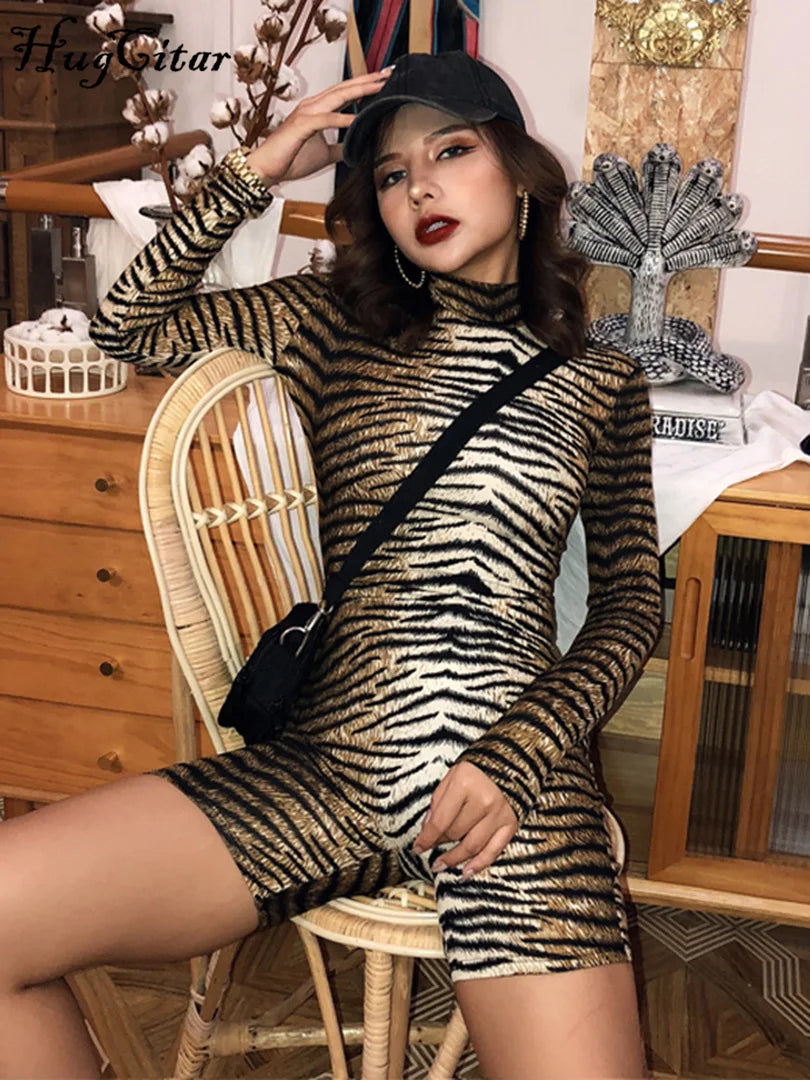 Hugcitar 2019 long sleeve tiger leopard print sexy bodycon playsuit autumn winter women streetwear club body fall cute outfits