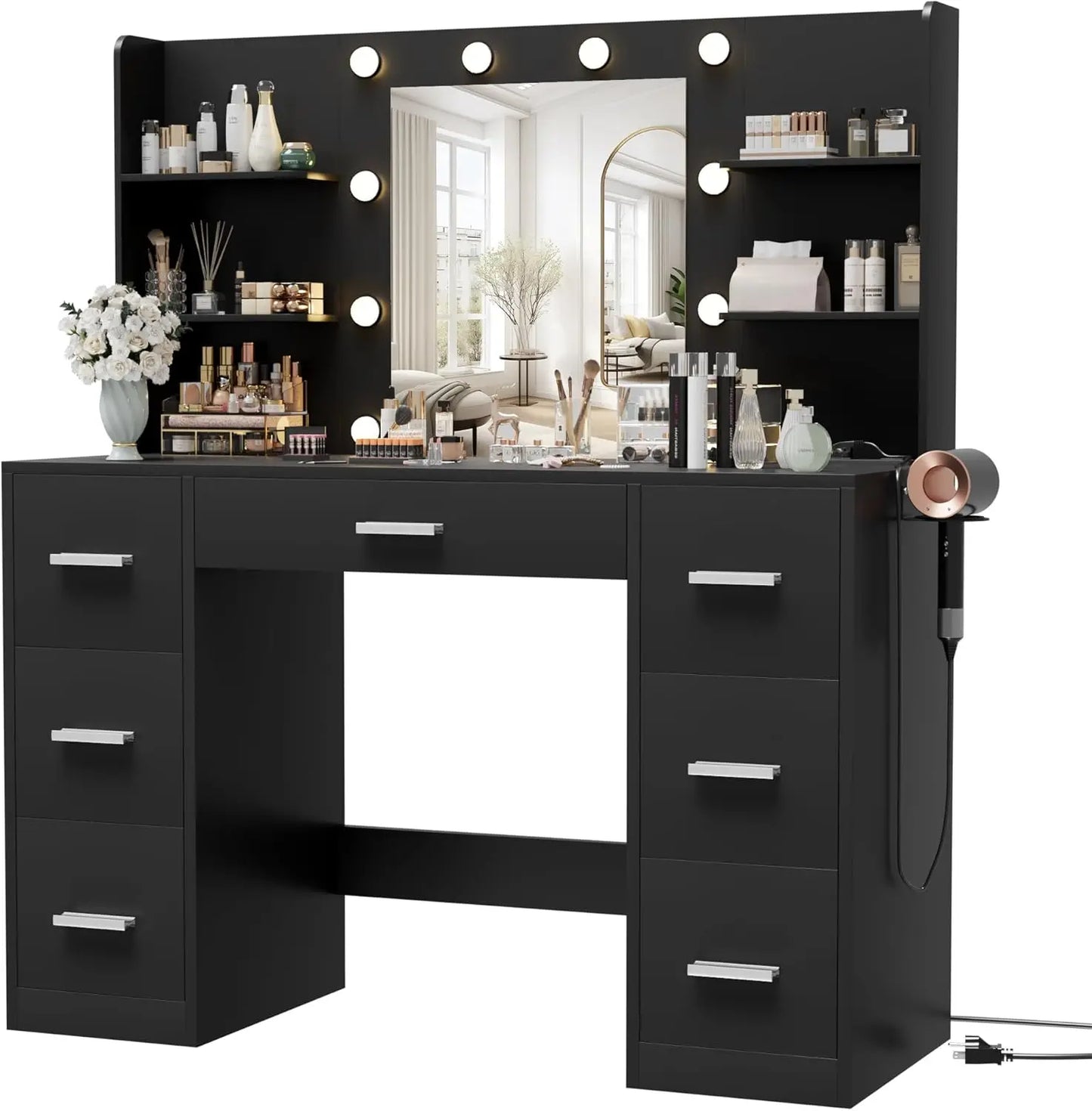 Vanity Desk with Mirror, LED Lights and Power Outlet with 7 Drawers and 6 Storage Shelves Dressing Table for Dressing Room