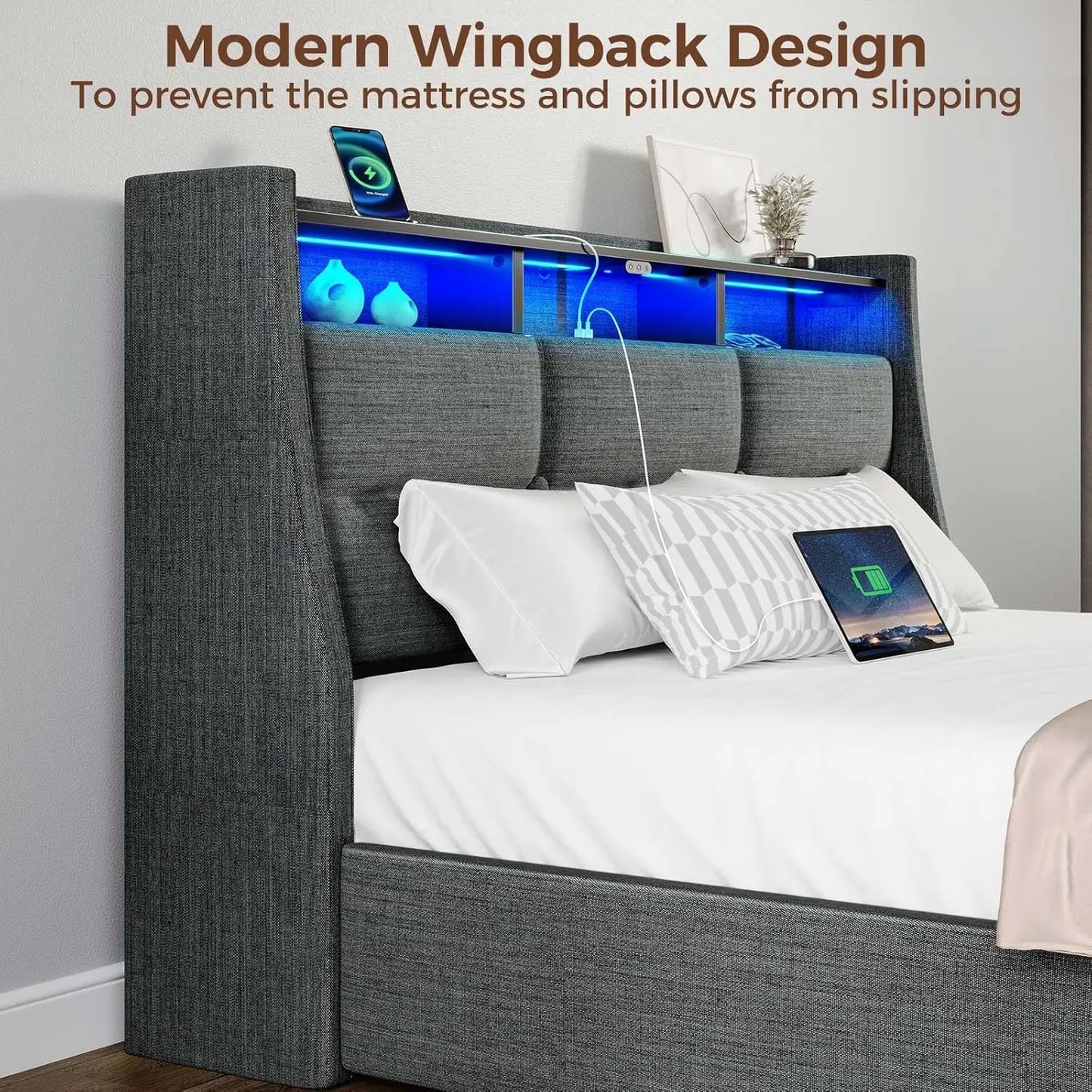 Twin Size Bed Frame with LED Lights and Charging Station, Upholstered Bed Storage Headboard & Drawers, Heavy Duty Wood