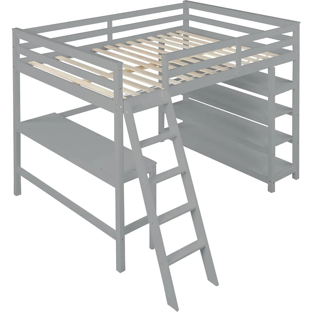 Full Size Loft Bed with Desk,Guardrail and Ladder, High Loft Beds with Desk and Bookcase, Wood Loft Bed Frame