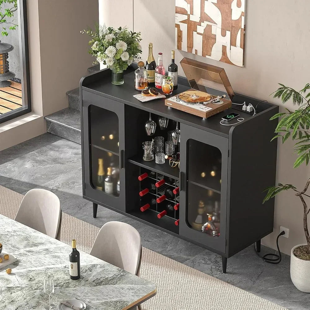 Wine Bar Cabinet with Power Outlet, Liquor Cabinet Bar with LED Light and Glass Holder, Home Coffee Bar Cabinet