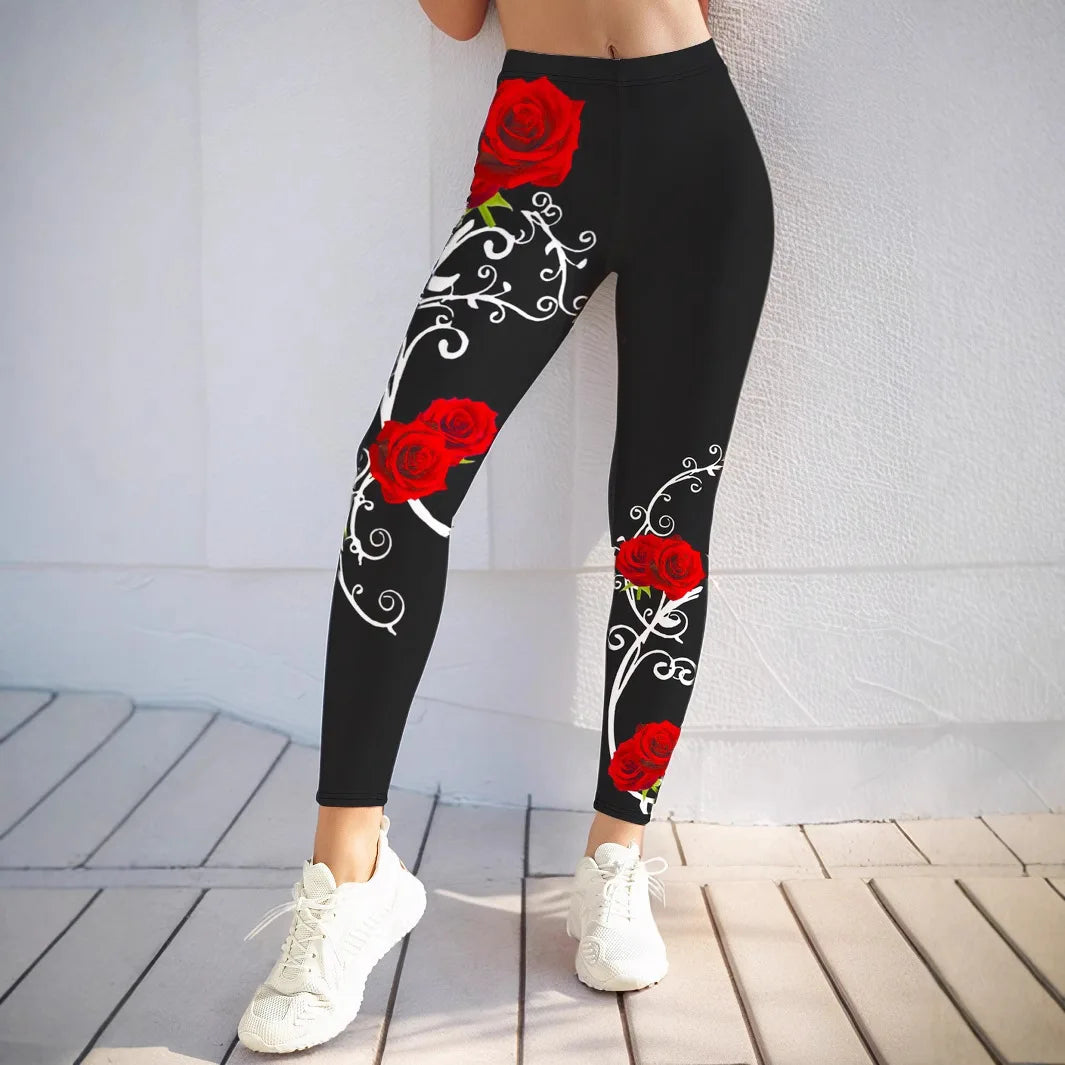 Bodycon Y2K Pants Women Gym Sexy Valentine Pencil Leggings Fashion Streetwear High Waist Shiny Rose Flower Leggings