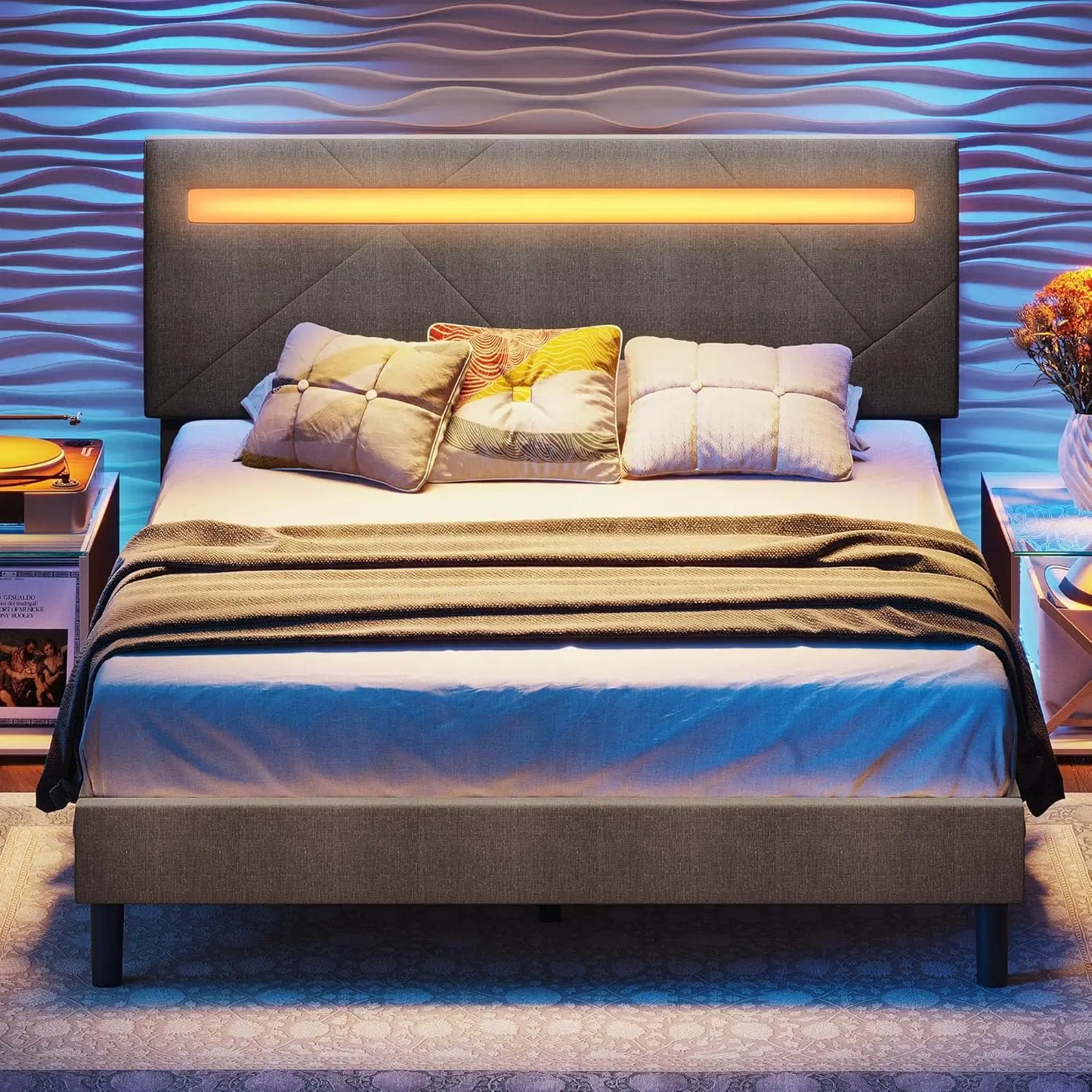 Bed Frame with LED Lights(Smart APP Control), Upholstered Modern Platform Bed Frame, No Box Spring Needed, Bed Bases