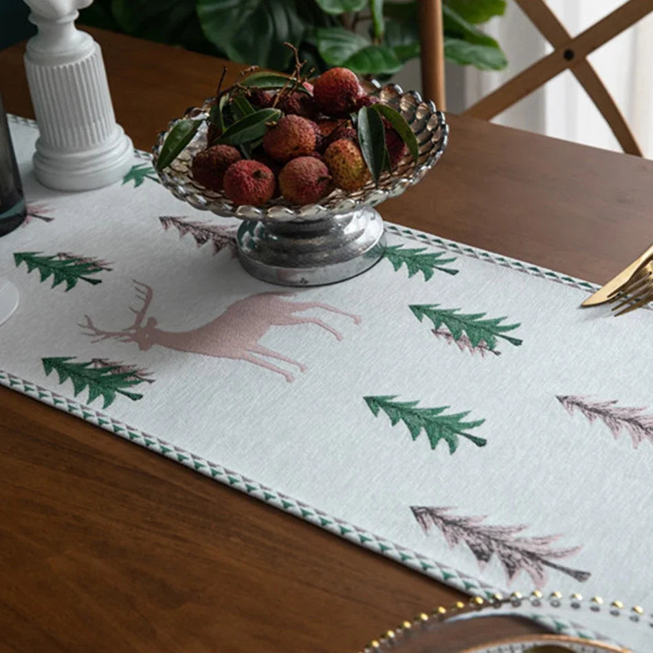 Christmas Tree Table Runner, Winter Holiday Christmas Elk, Dining Cloth Placemat New Year Home Kitchen Rustic Decorations